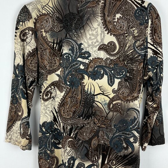 Conrad C Top Blouse Size L Brown Beige Paisley 3/4 Sleeve Round Neck Stretch - Picture 6 of 9